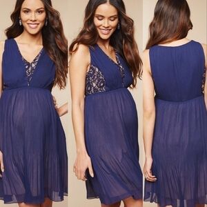 NWT‎ Motherhood Maternity Navy Blue Pleated Chiffon and Lace Dress